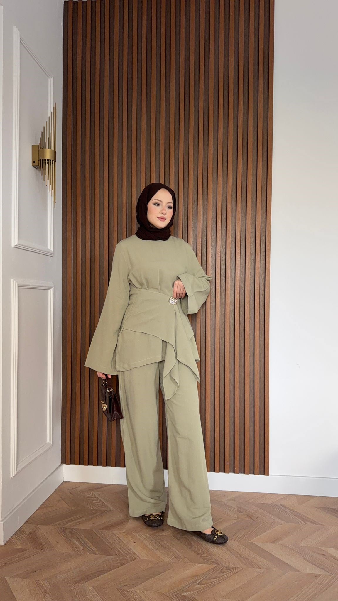 MEYSA PANTOLON TAKIM Broşlu Keten Pantolonlu Takım Haki