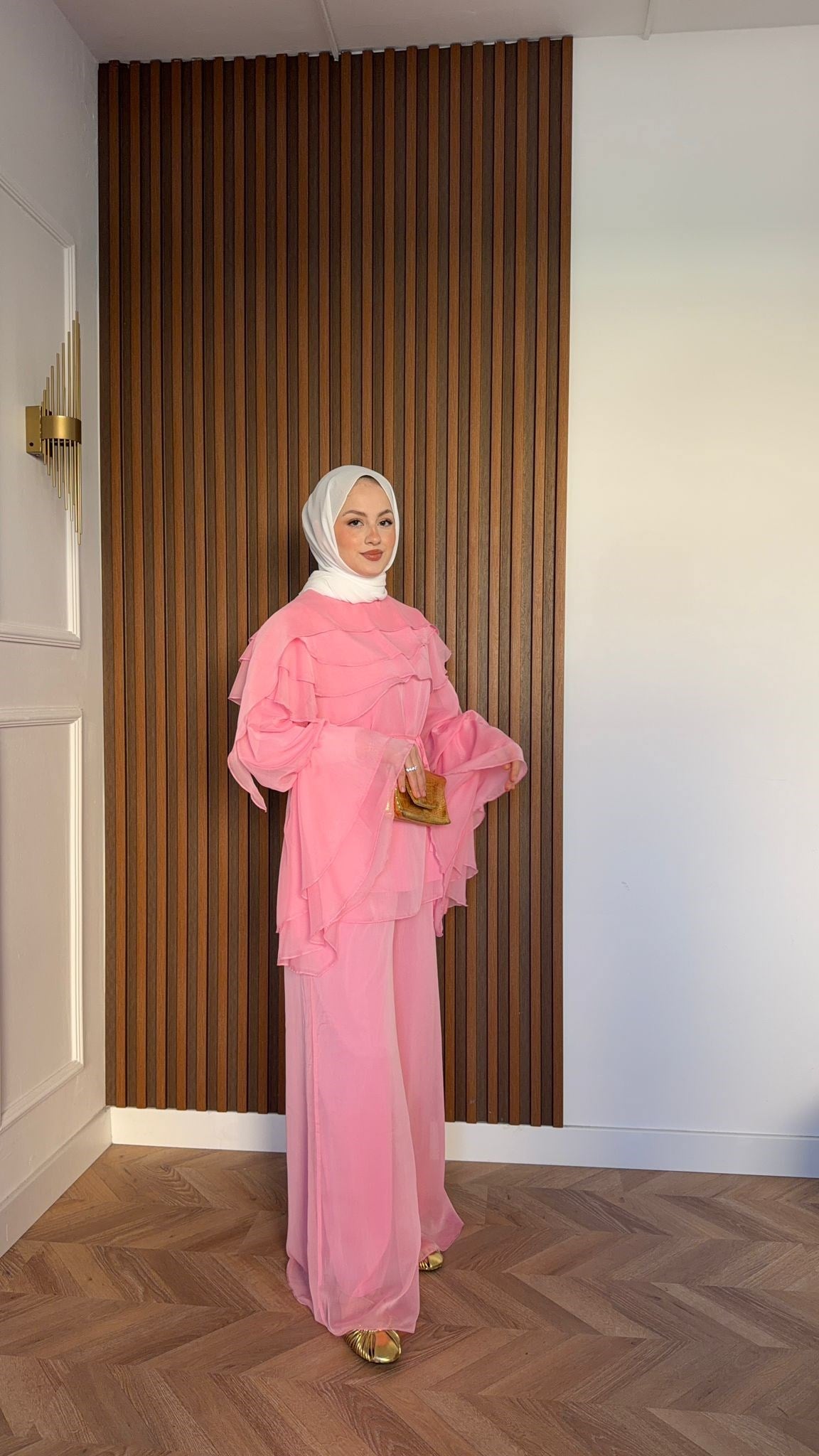 MEYSA PANTOLON TAKIM Daphne Volan Detaylı Şifon Pantolonlu Takım Pembe