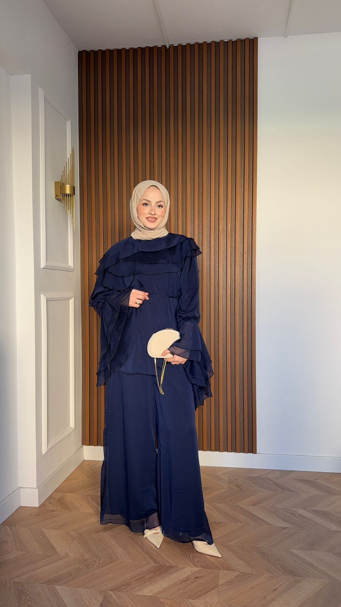 MEYSA PANTOLON TAKIM Daphne Volan Detaylı Şifon Pantolonlu Takım Lacivert