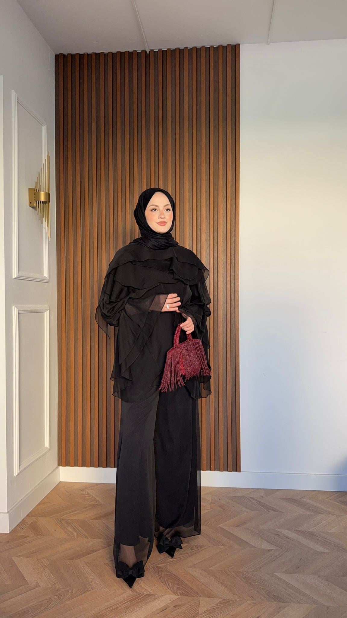 MEYSA TROUSER SETS Daphne Volan Detaylı Şifon Pantolonlu Takım Siyah