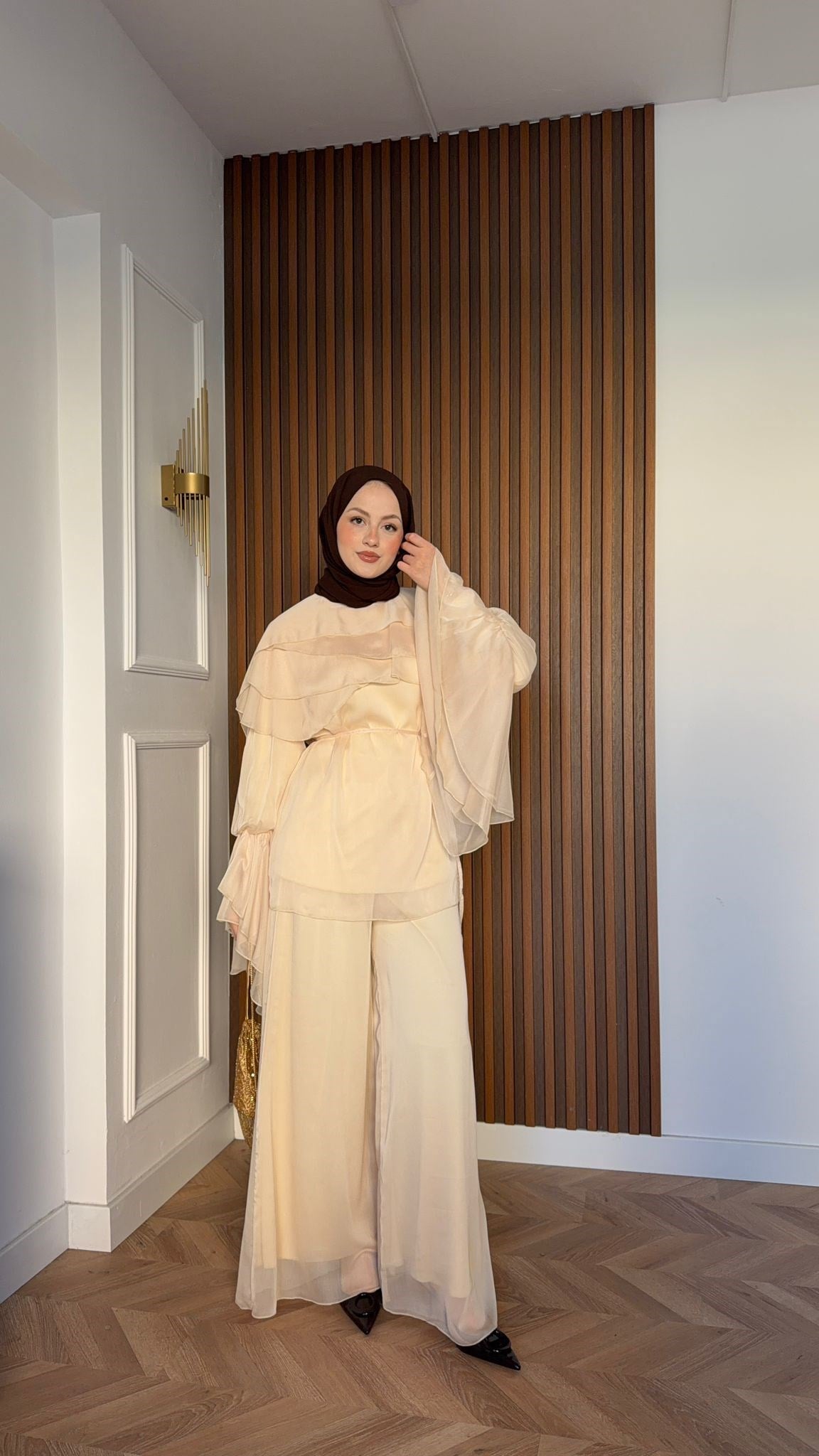 MEYSA TROUSER SETS Daphne Volan Detaylı Şifon Pantolonlu Takım Bej