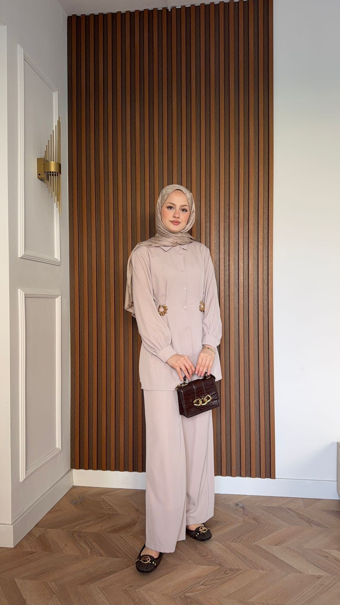 MEYSA TROUSER SETS Dia Gold Detaylı Krep Takım Bej