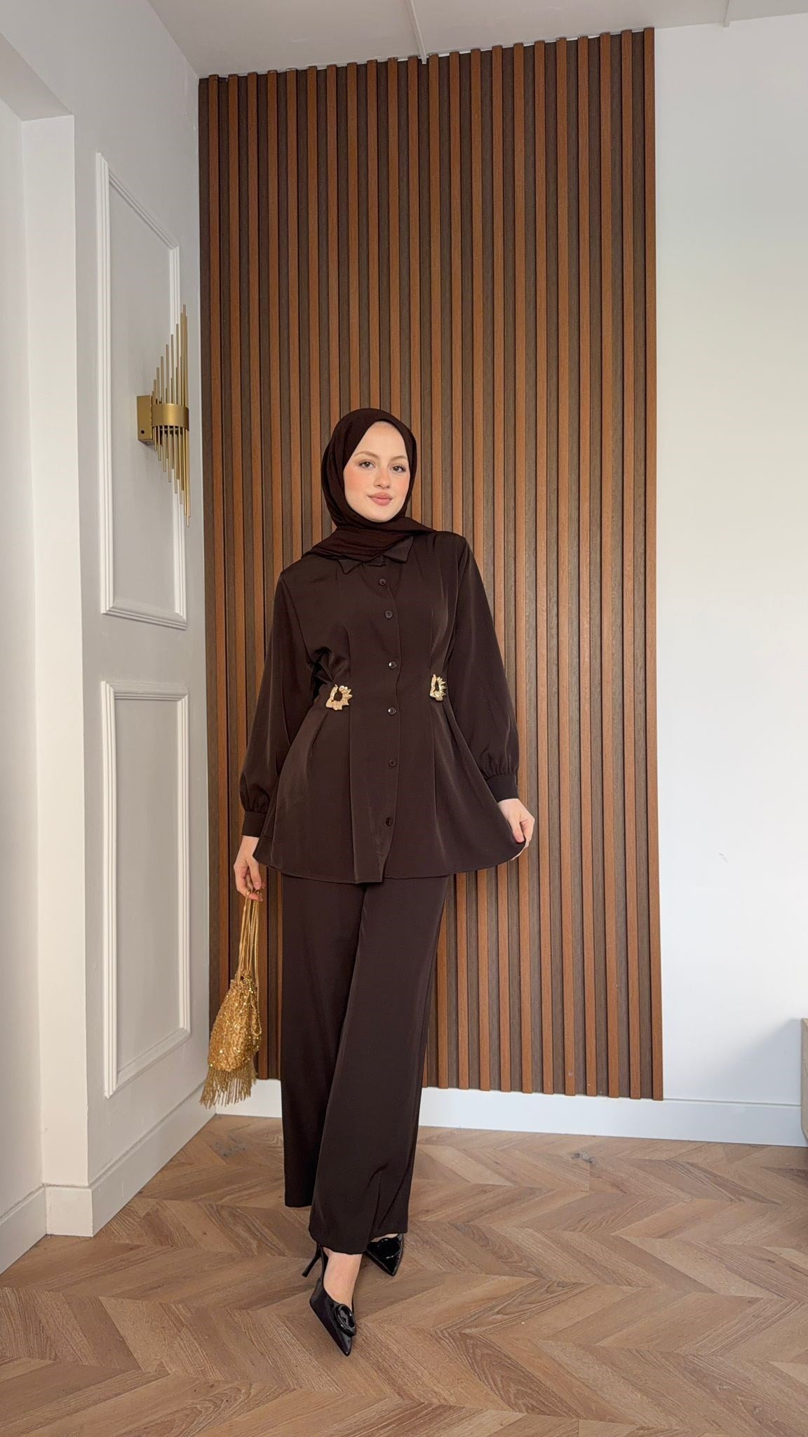 MEYSA PANTOLON TAKIM Dia Gold Detaylı Krep Takım Acı Kahve