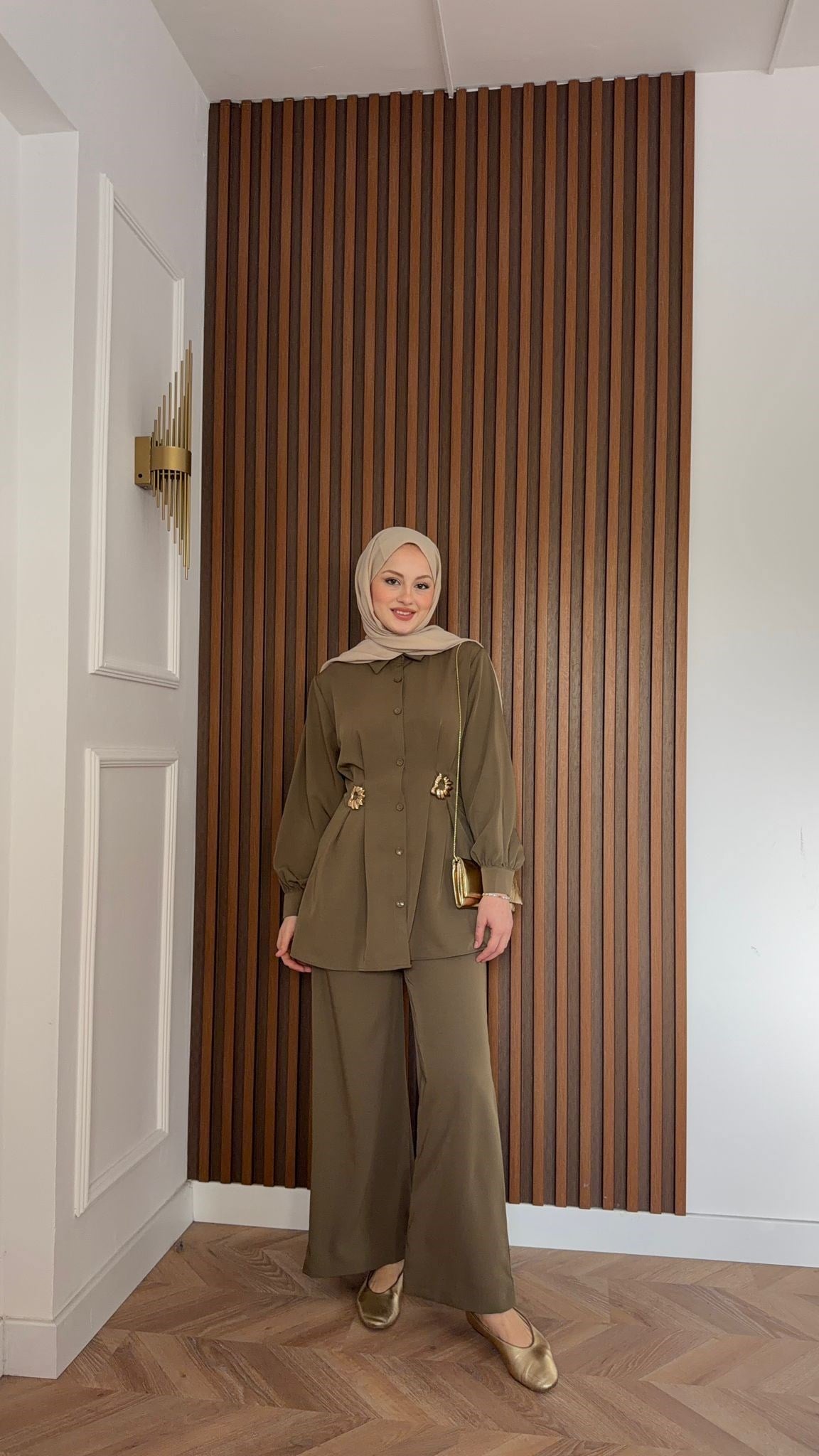 MEYSA PANTOLON TAKIM Dia Gold Detaylı Krep Takım Yağ Yeşili