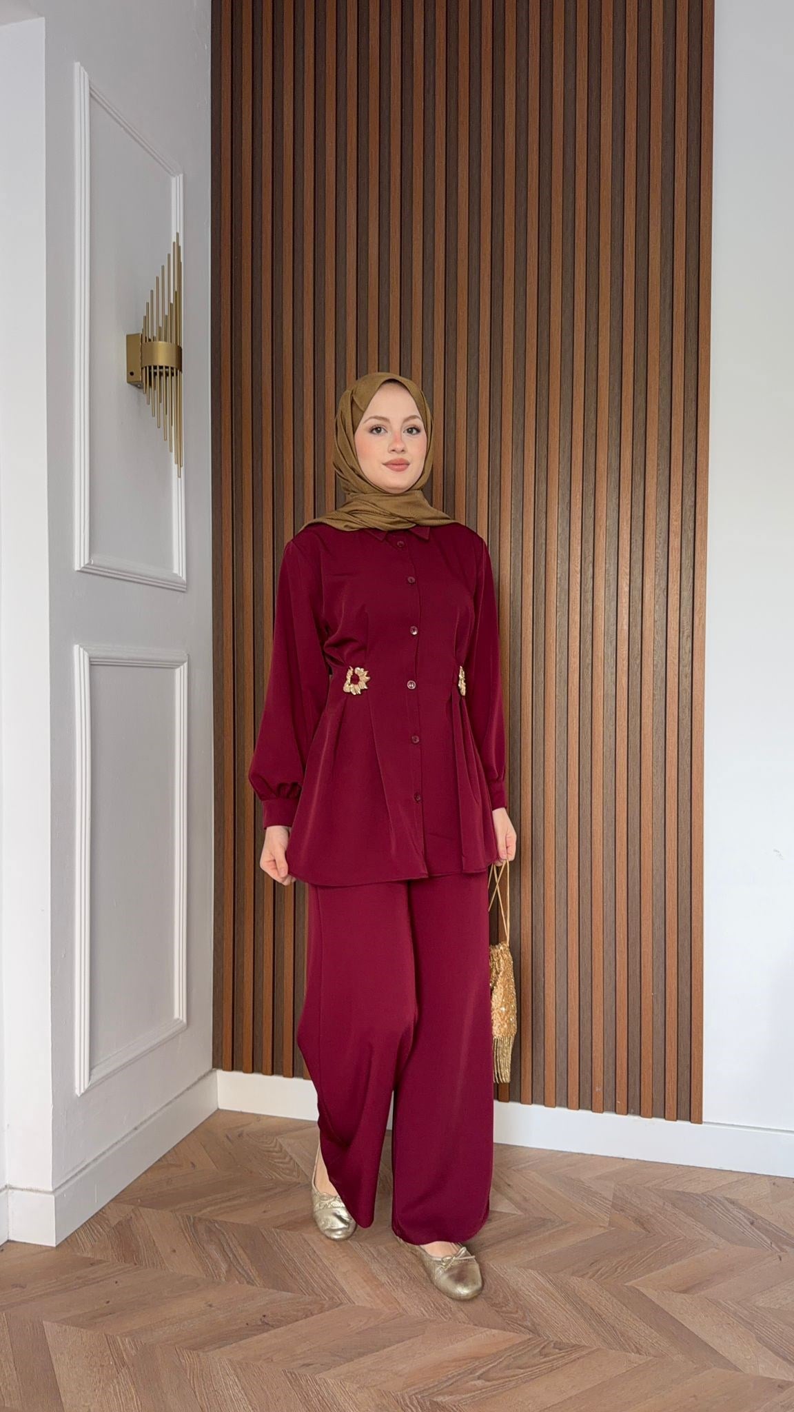 MEYSA PANTOLON TAKIM Dia Gold Detaylı Krep Takım Bordo