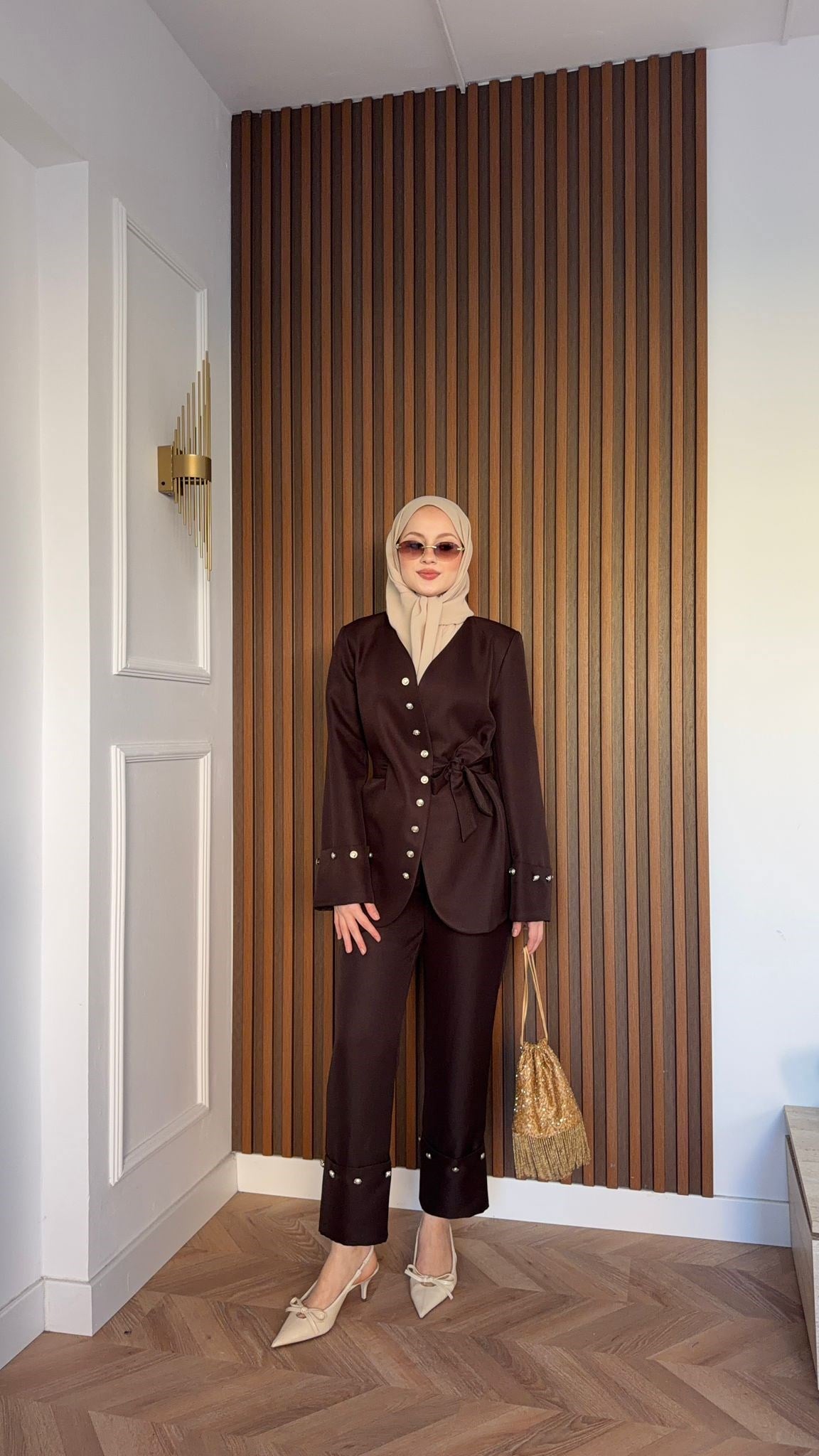 MEYSA TROUSER SETS Diva Gümüş Aksesuarlı Ceket Takım Acı Kahve