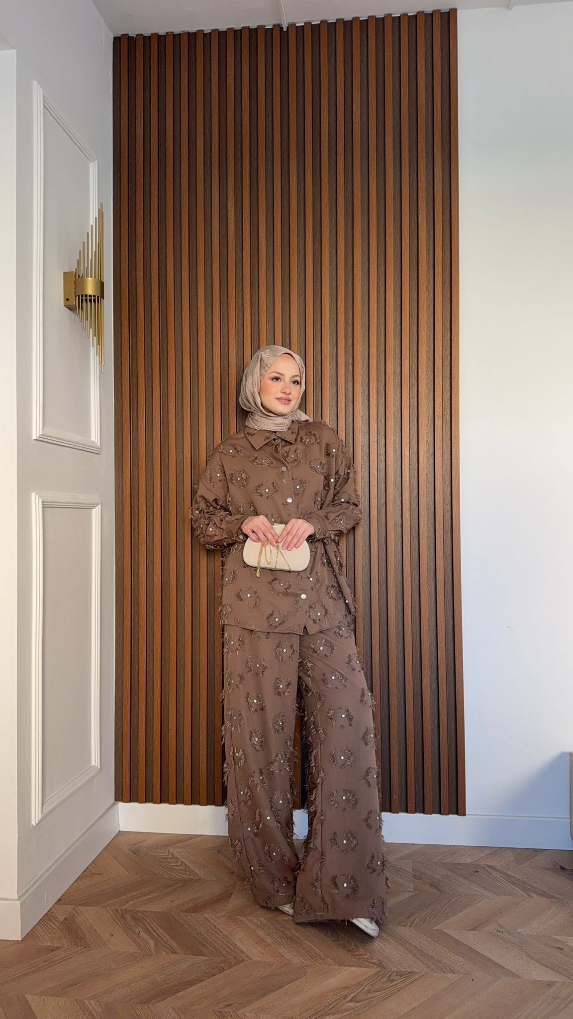 MEYSA TROUSER SETS Lisbon Saçaklı Taşlı Takım Acı Kahve