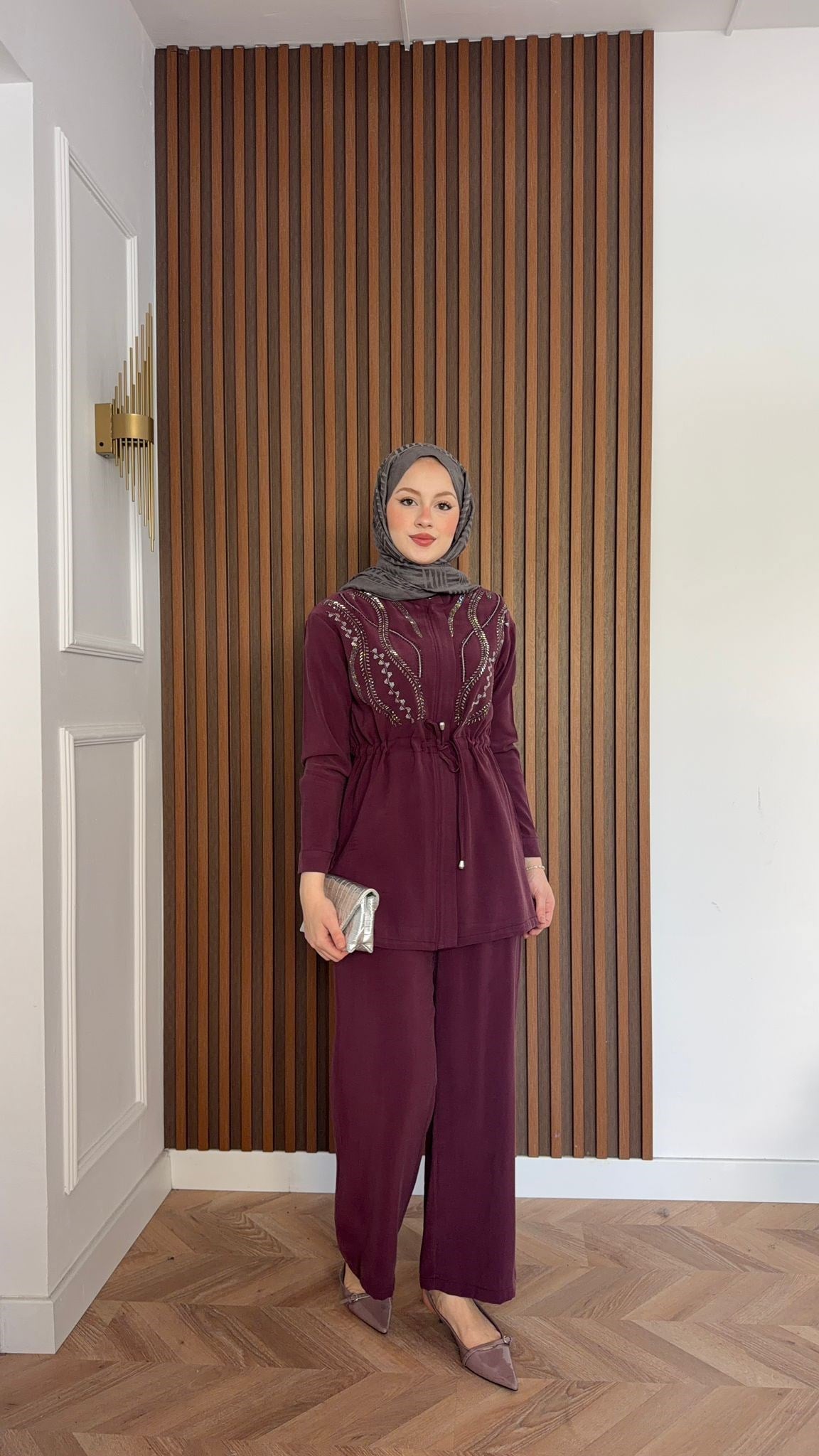 MEYSA PANTOLON TAKIM Özel Taş İşlemeli Tensel Pantolonlu Takım Bordo
