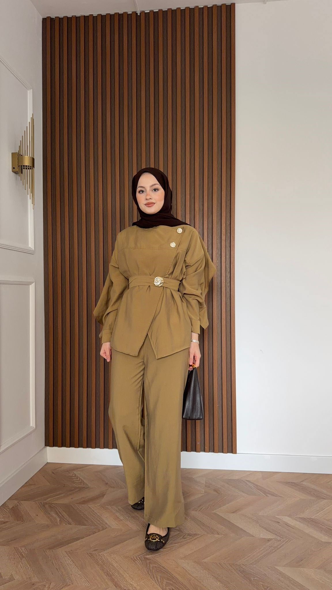 MEYSA TROUSER SETS Pelerin Detaylı Tensel Pantolonlu Takım Yağ Yeşili