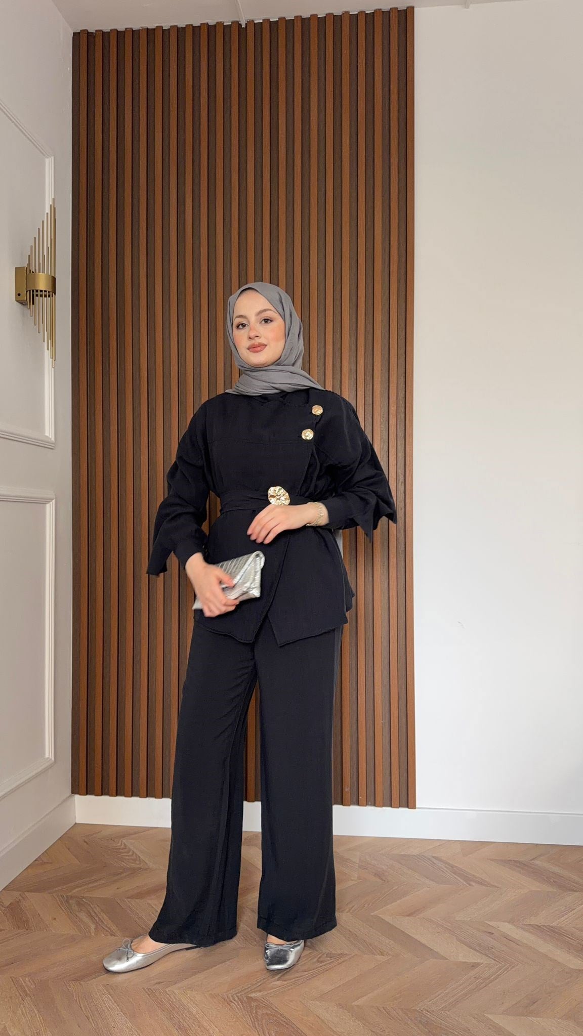 MEYSA PANTOLON TAKIM Pelerin Detaylı Tensel Pantolonlu Takım Siyah