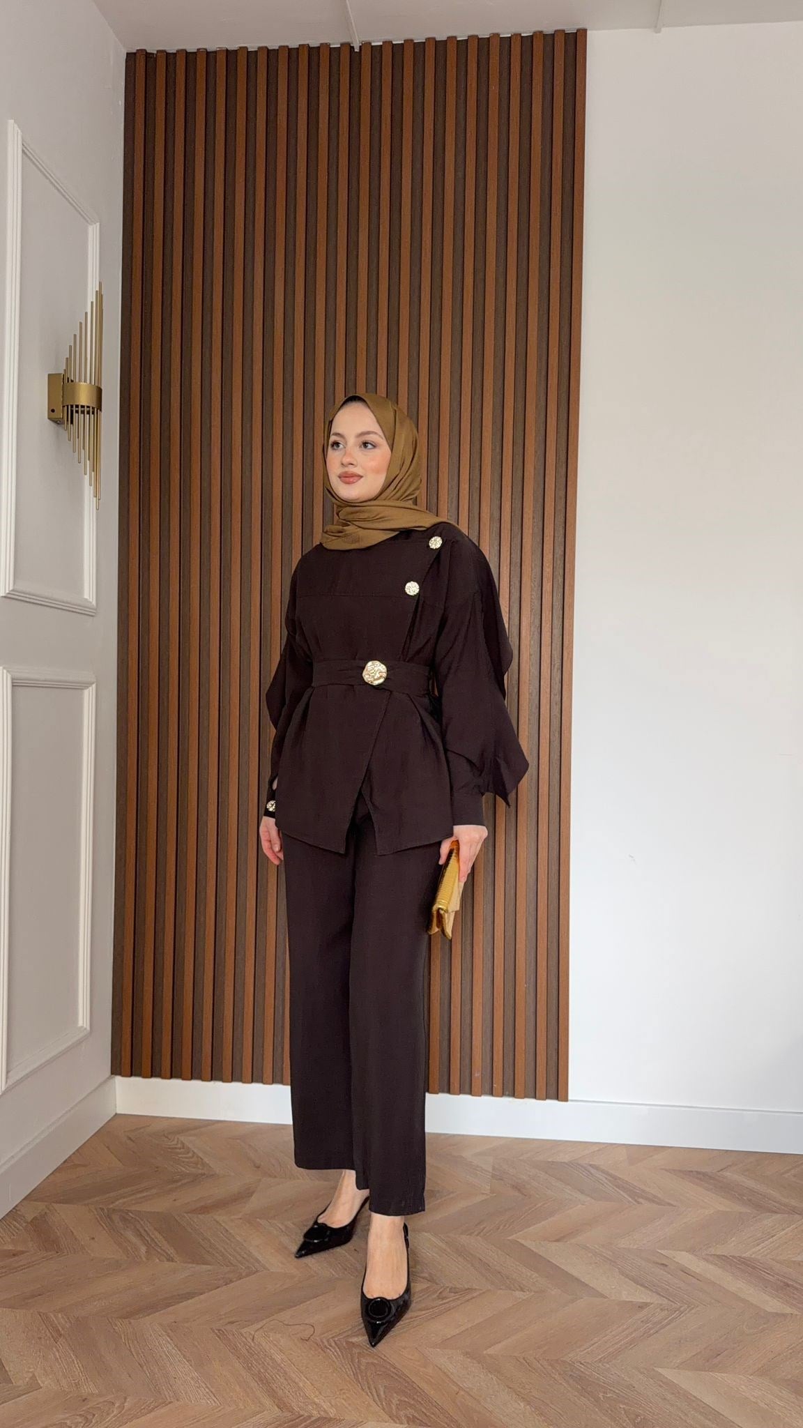 MEYSA TROUSER SETS Pelerin Detaylı Tensel Pantolonlu Takım Acı Kahve