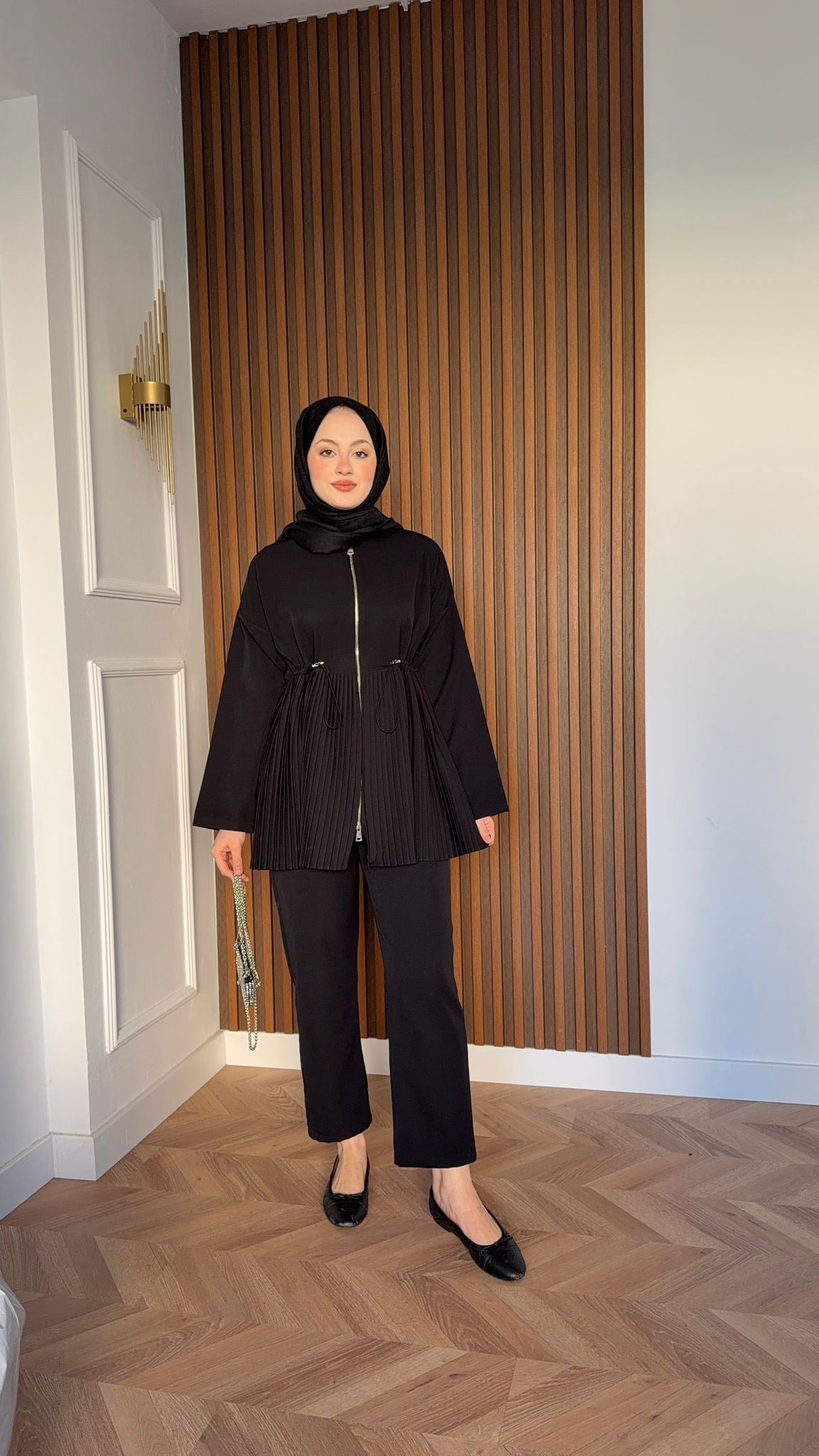 MEYSA PANTOLON TAKIM Piliseli Krep Pantolonlu Takım Siyah