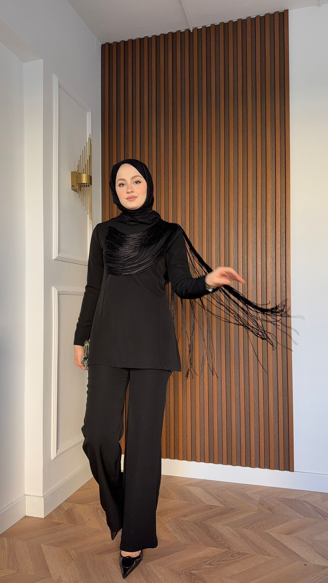 MEYSA PANTOLON TAKIM Püsküllü İp Detaylı Krep Takım Siyah