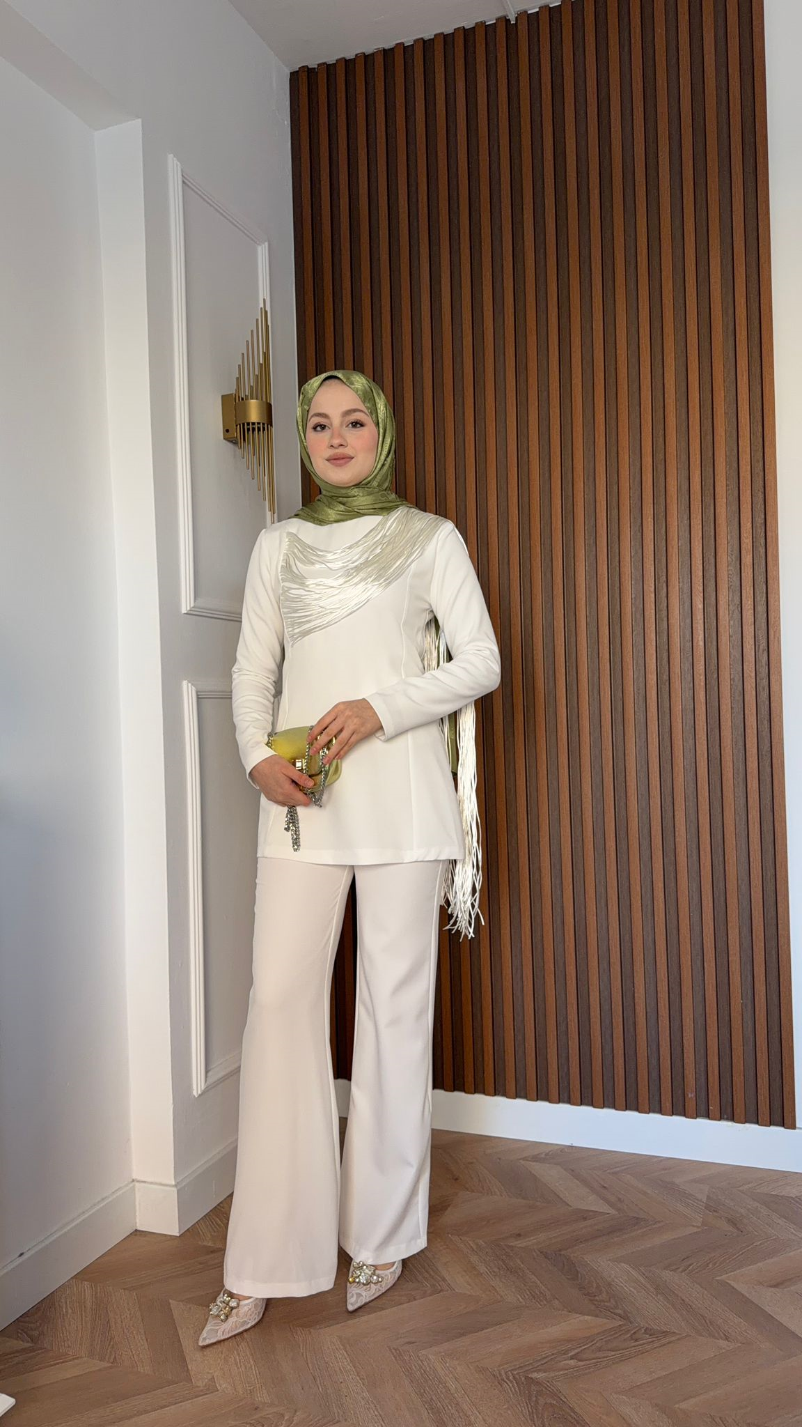 MEYSA TROUSER SETS Püsküllü İp Detaylı Krep Takım Beyaz
