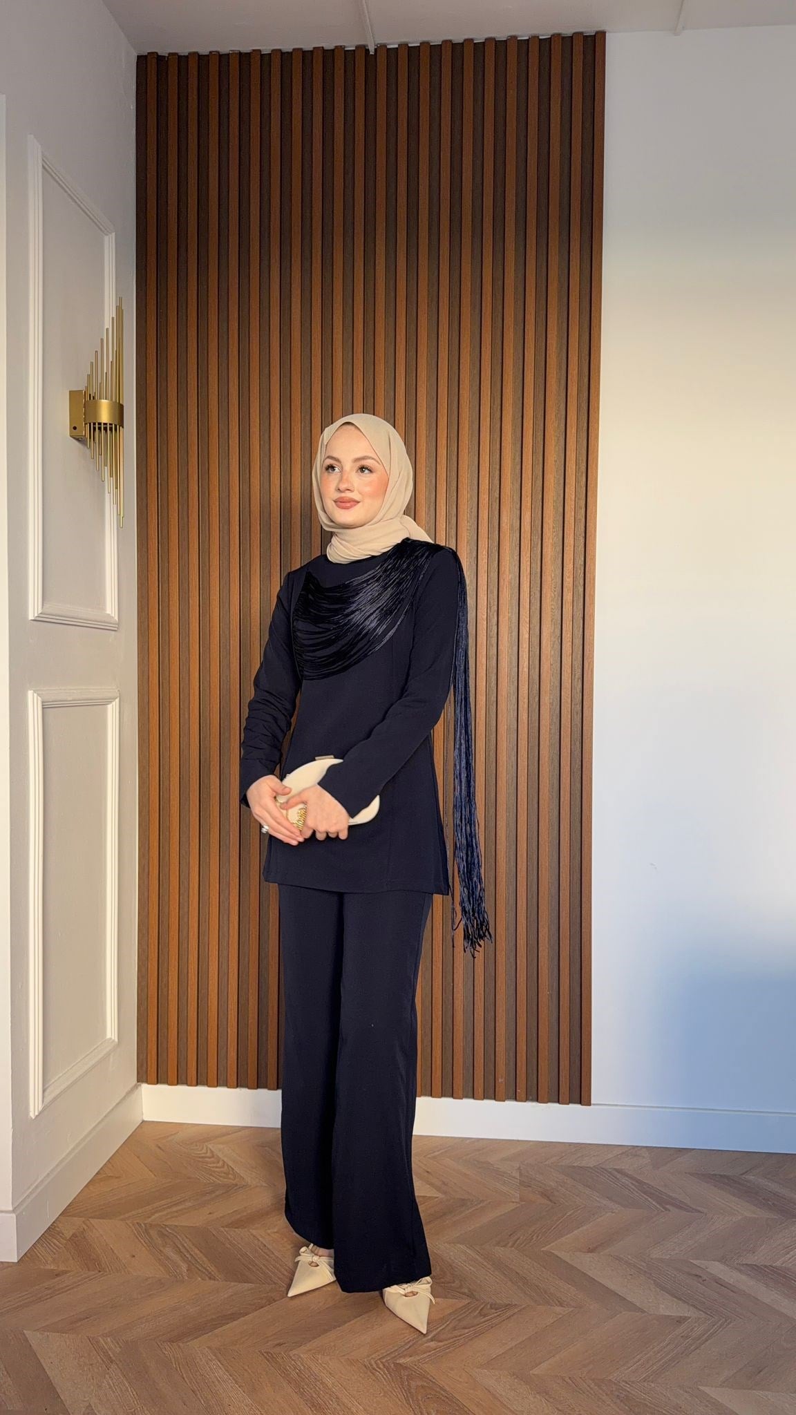 MEYSA TROUSER SETS Püsküllü İp Detaylı Krep Takım Lacivert
