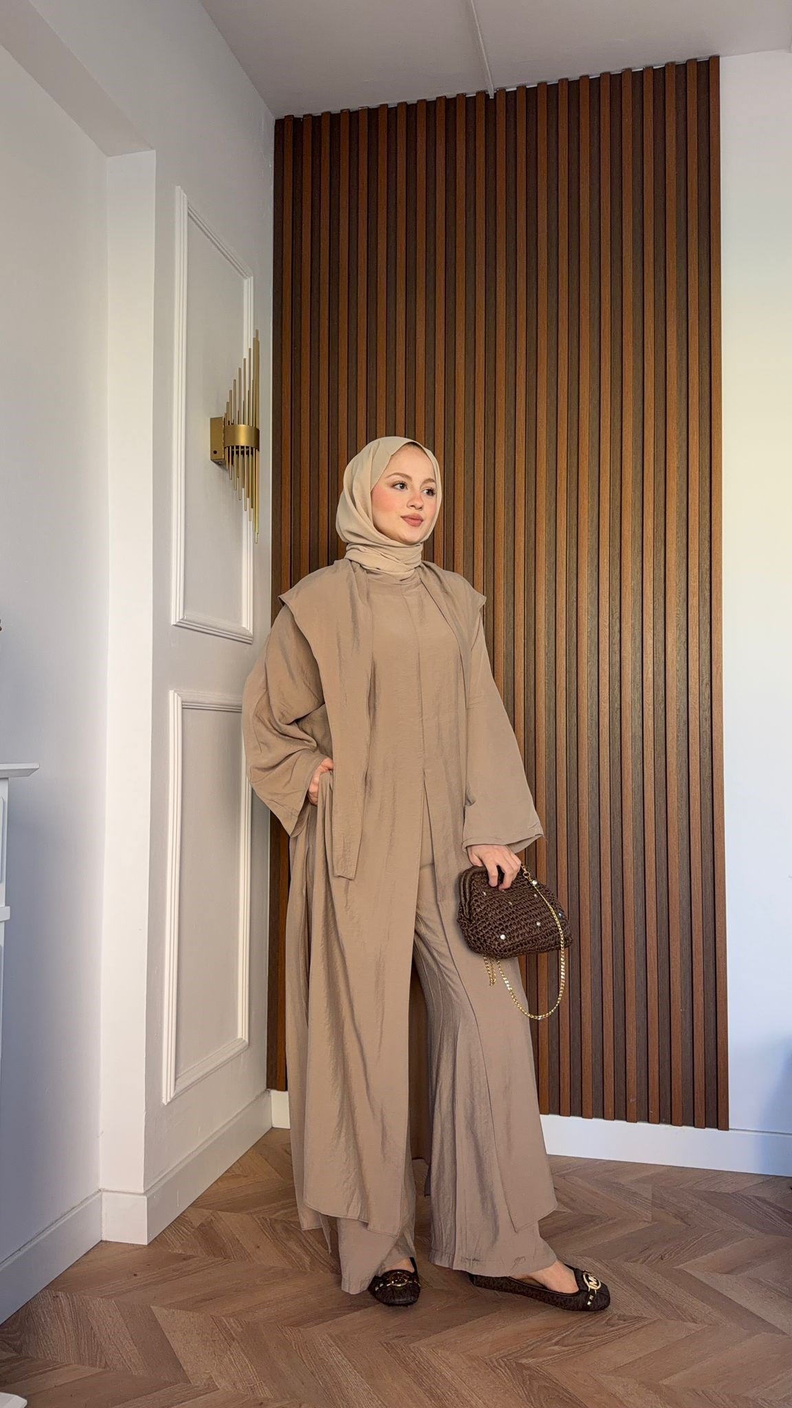 MEYSA PANTOLON TAKIM Suve Yakalı Üçlü Takım Vizon