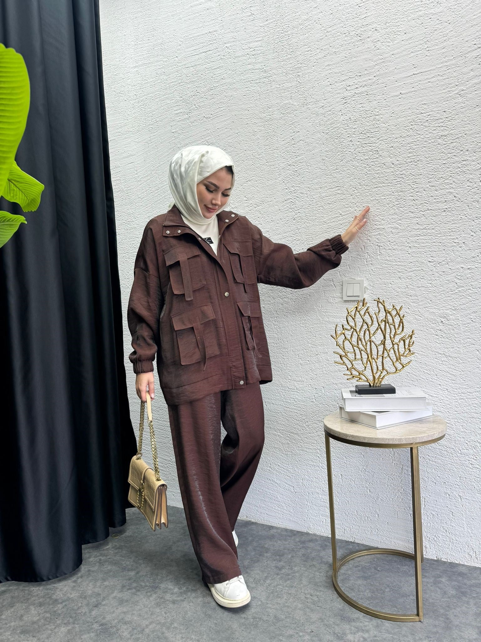MEYSA PANTOLON TAKIM Tasarım Jakarlı İkili Takım Kahve
