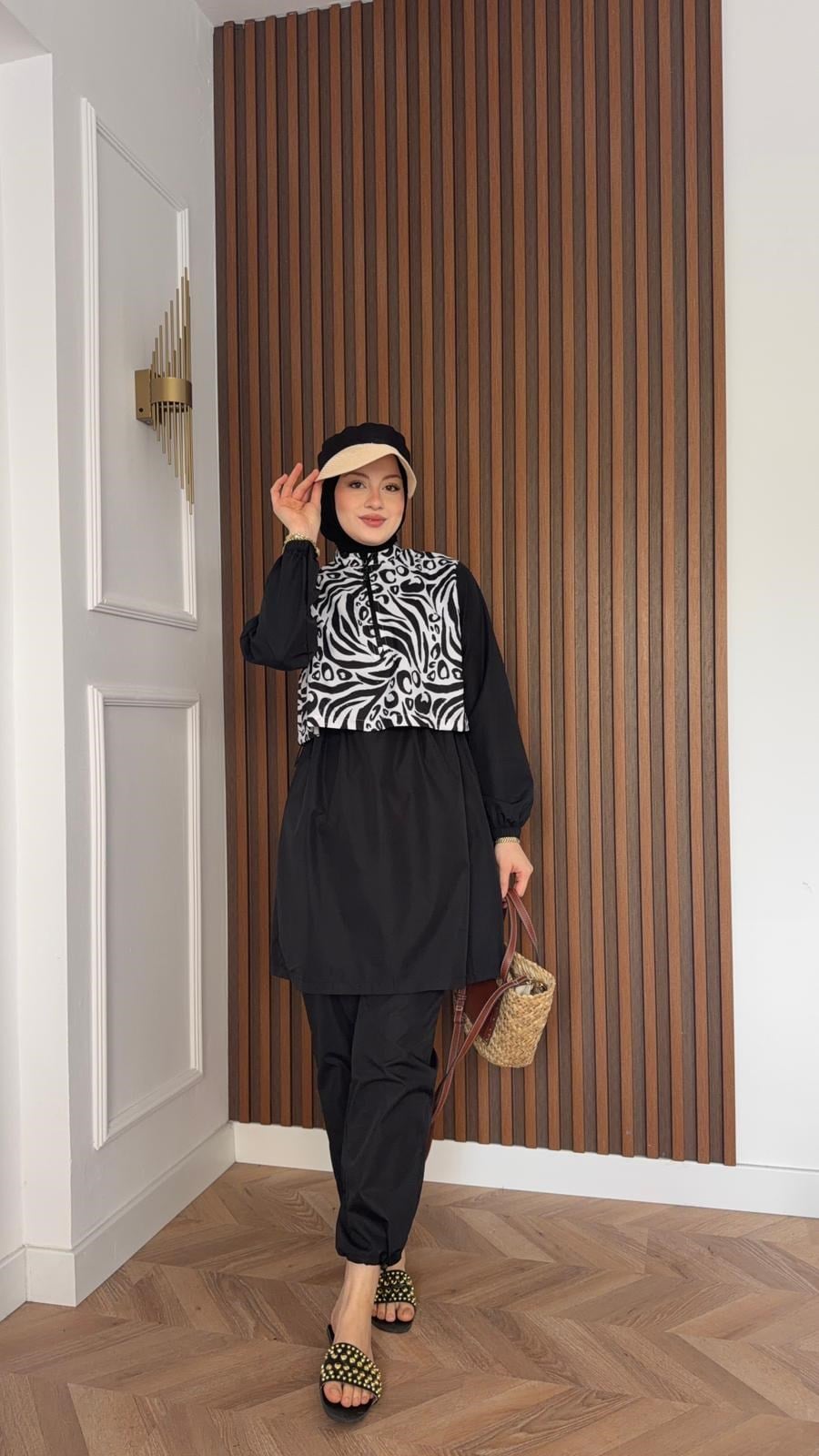 MEYSA MODEST SWIMSUIT 3010-Zebra Desen Üçlü Tesettür Mayo Seti