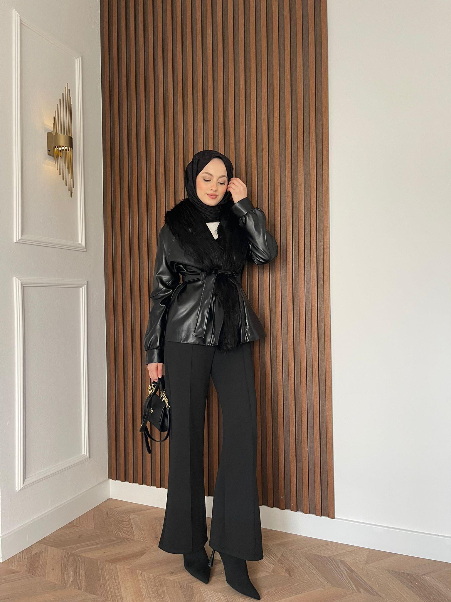 Wiana Furry Leather Jacket Black