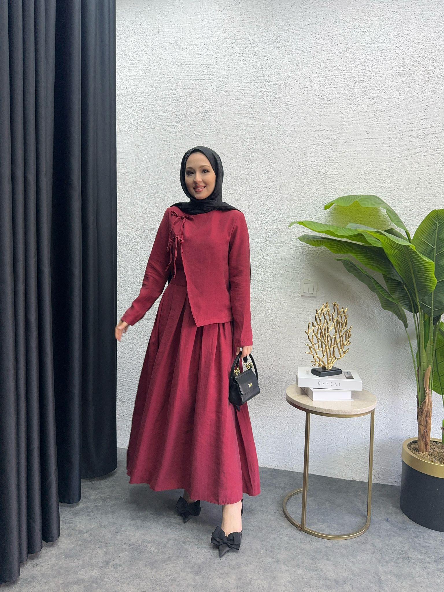 Asymmetric Bow Linen Skirt Set Burgundy