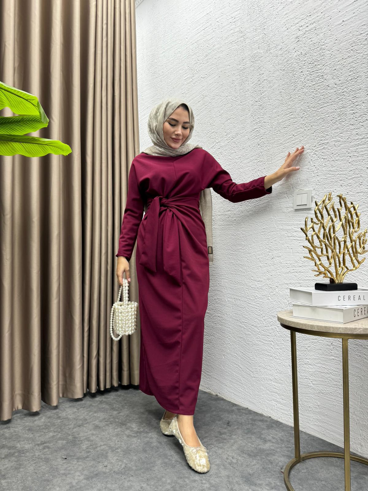 Waist-Tie Dress Crepe Dress Burgundy
