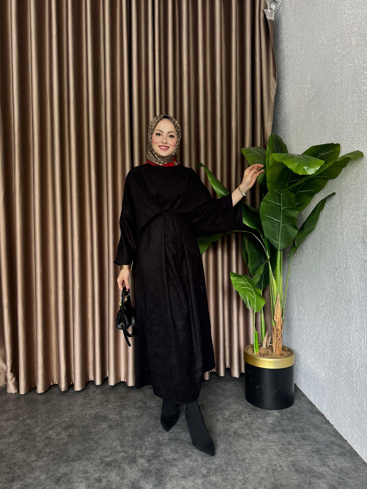 Waist-Tie Dress Suede Dress Black