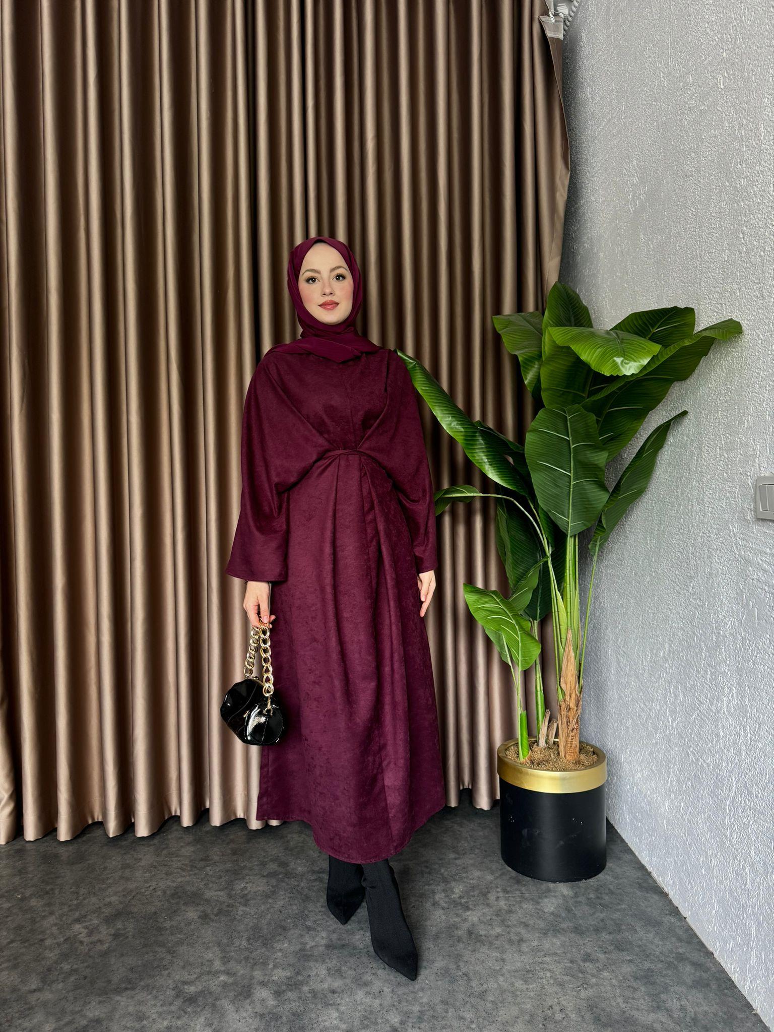 Waist-Tie Dress Suede Dress Burgundy