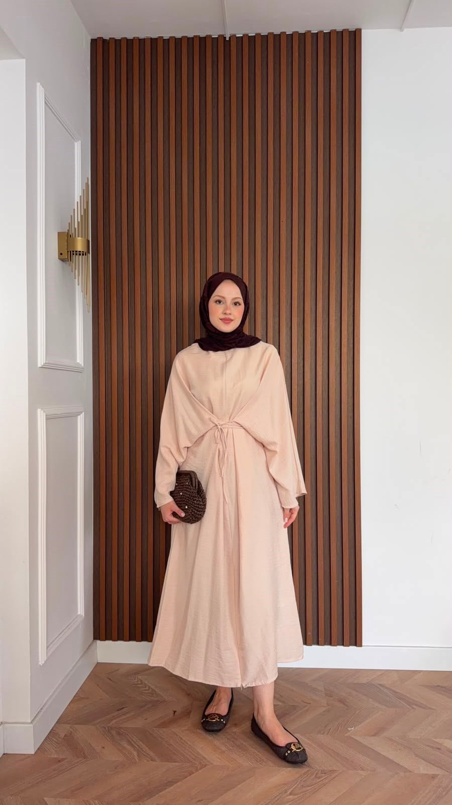 MEYSADESIGN ELBİSELER Beli Bağlamalı Tensel Elbise Pudra