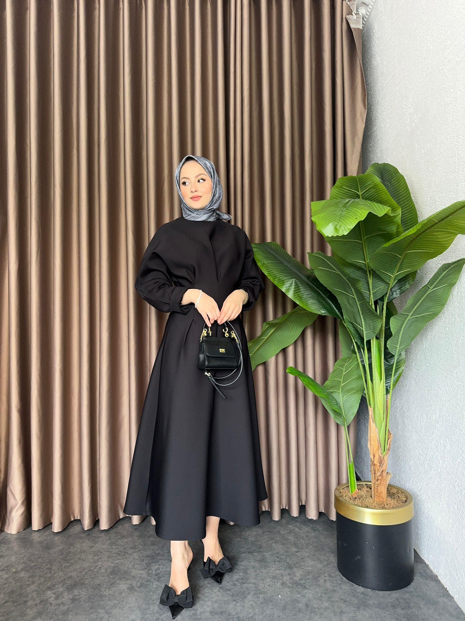 Waist Dart Puff Scuba Fabric Dress Black