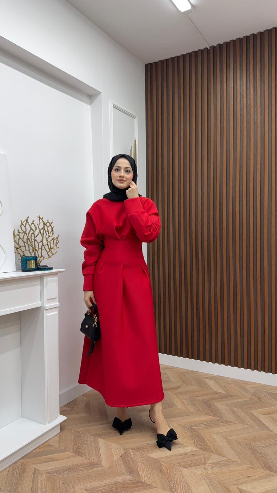 Waist Dart Puff Scuba Fabric Dress Red