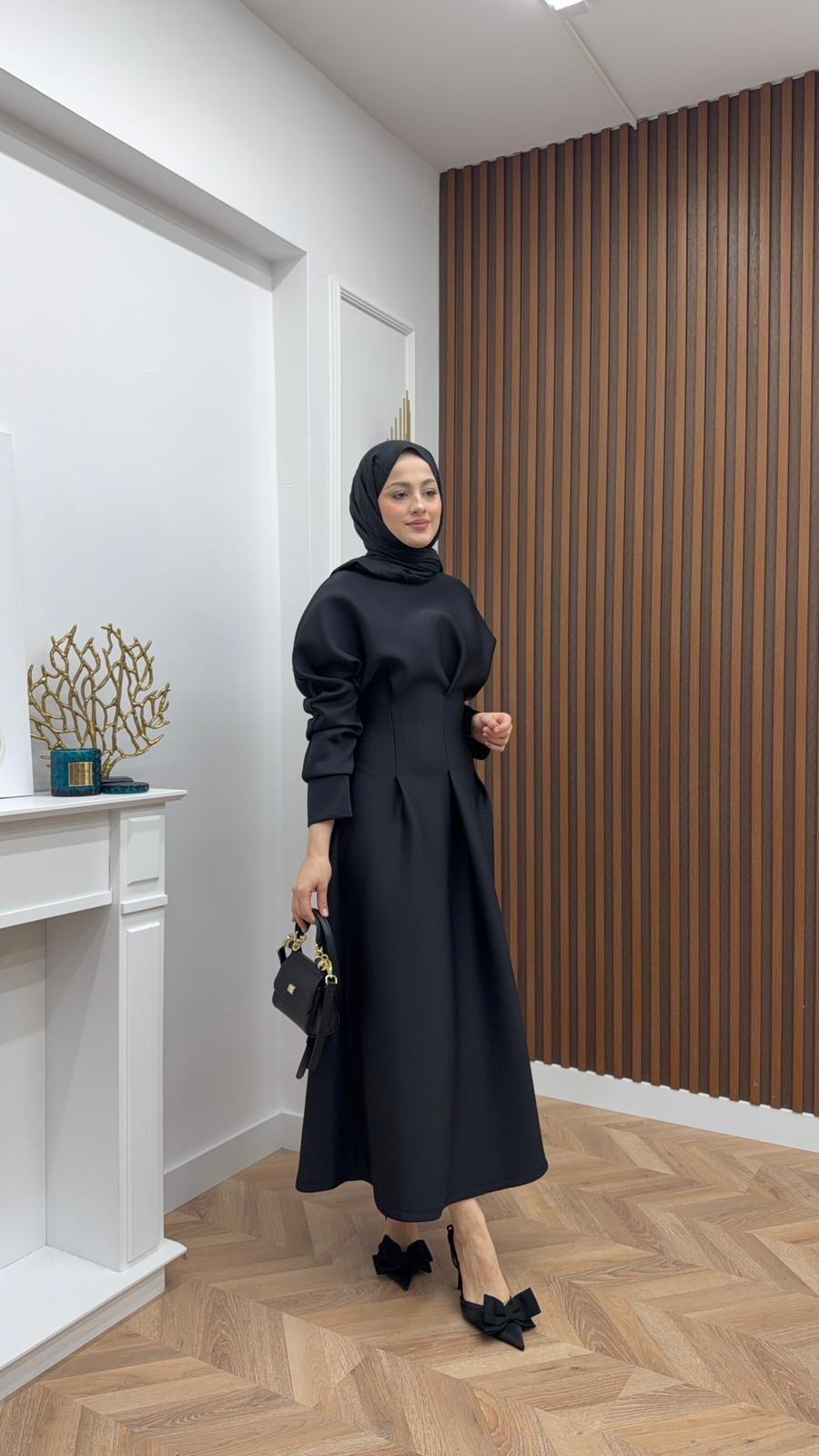 Waist Dart Puff Scuba Fabric Dress Black