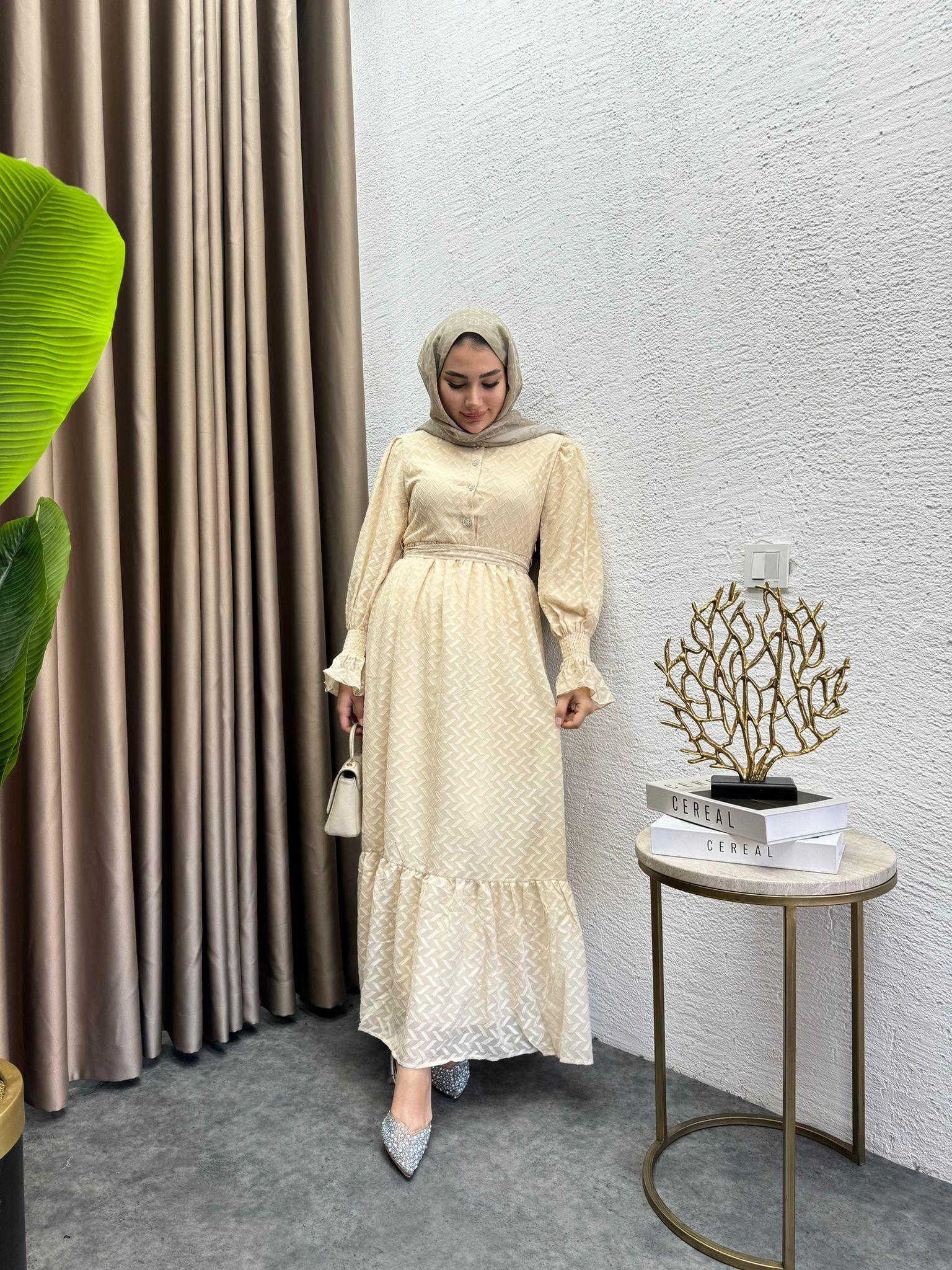 MEYSADESIGN ELBİSELER Bera Desenli Şifon Elbise Bej