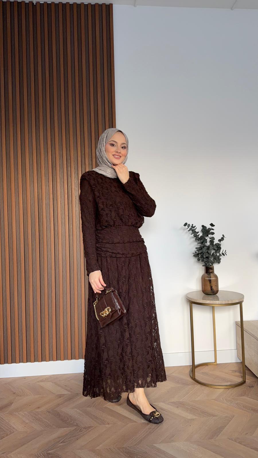 MEYSADESIGN ELBİSELER Beyance Dantelli Elbise Kahve