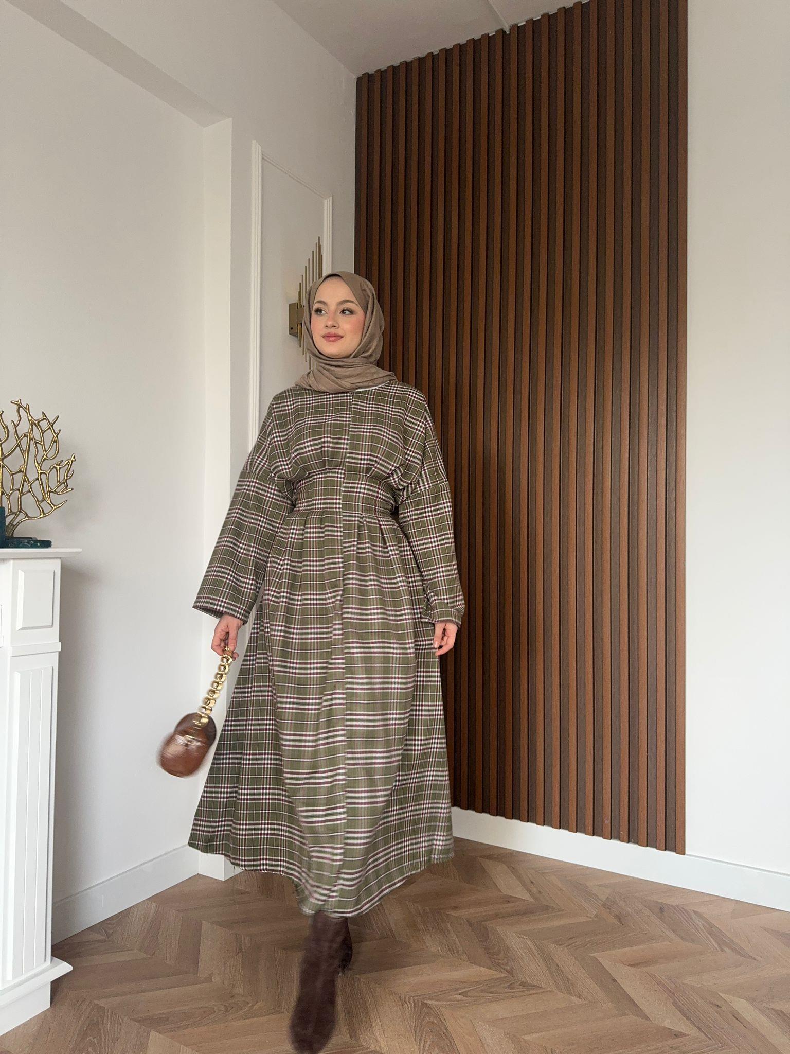 Plaid Patterned Waist Dart Dress Khaki