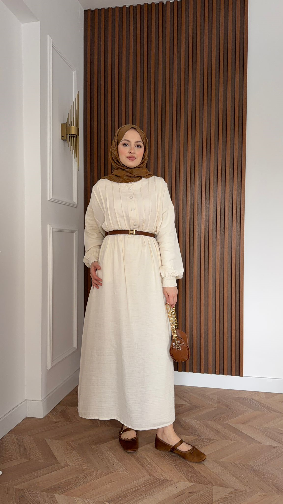 MEYSADESIGN DRESSES Erva Yarı Düğmeli Müslin Elbise Bej