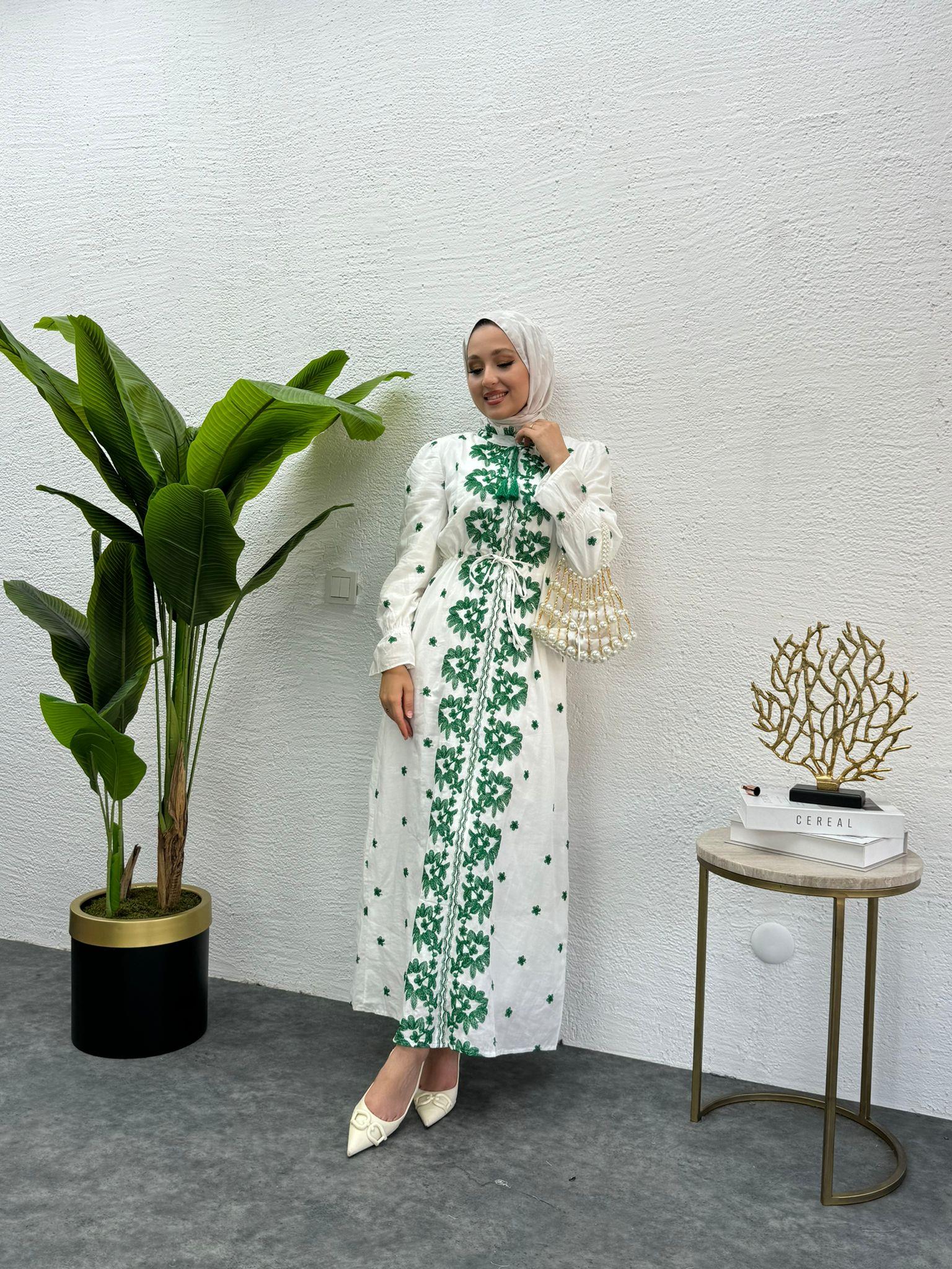 Ethnic Patterned Embroidered Linen Dress Green
