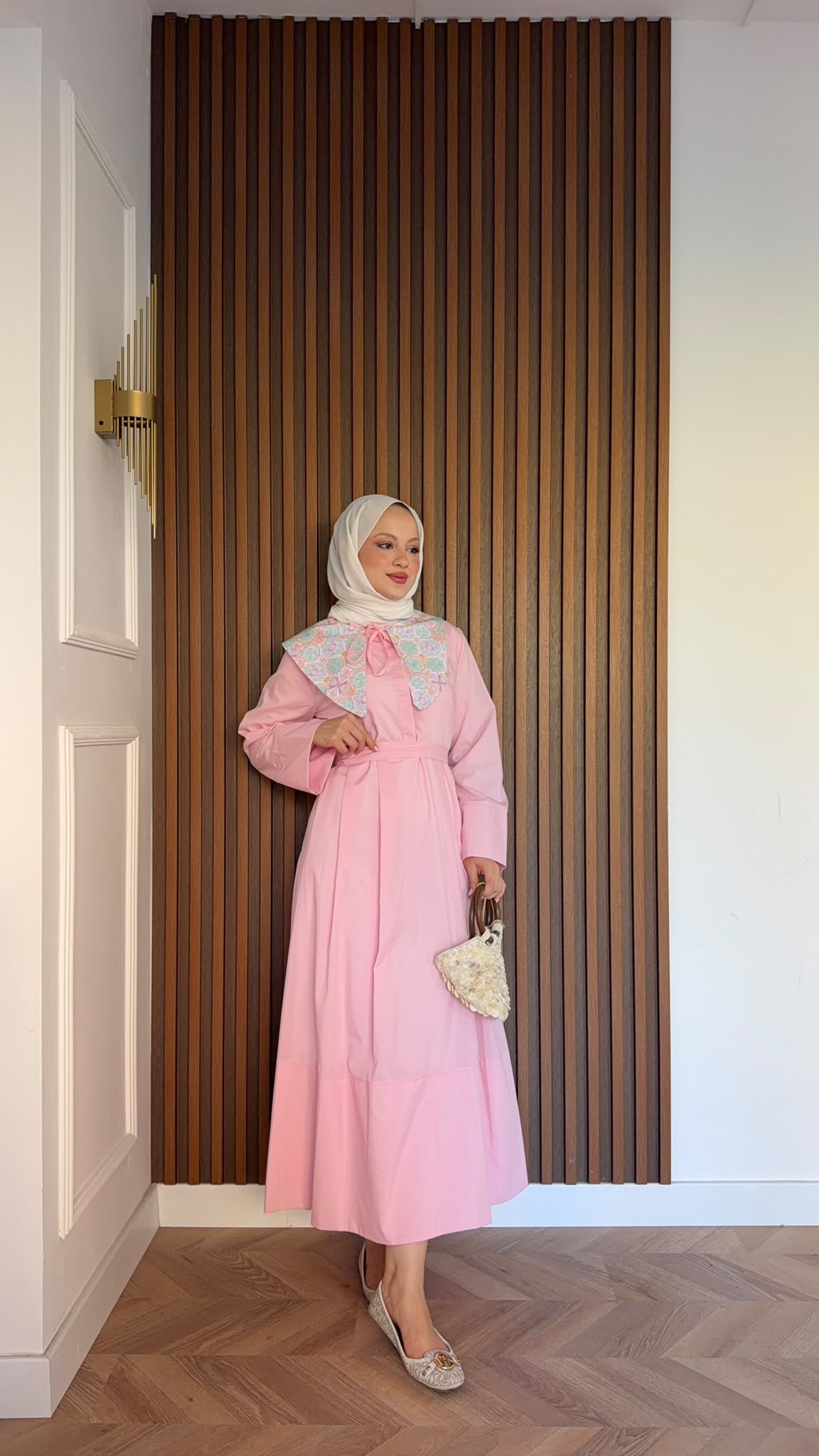 MEYSADESIGN ELBİSELER Etnik Mendil Yaka Astarlı Dacron Elbise Pembe