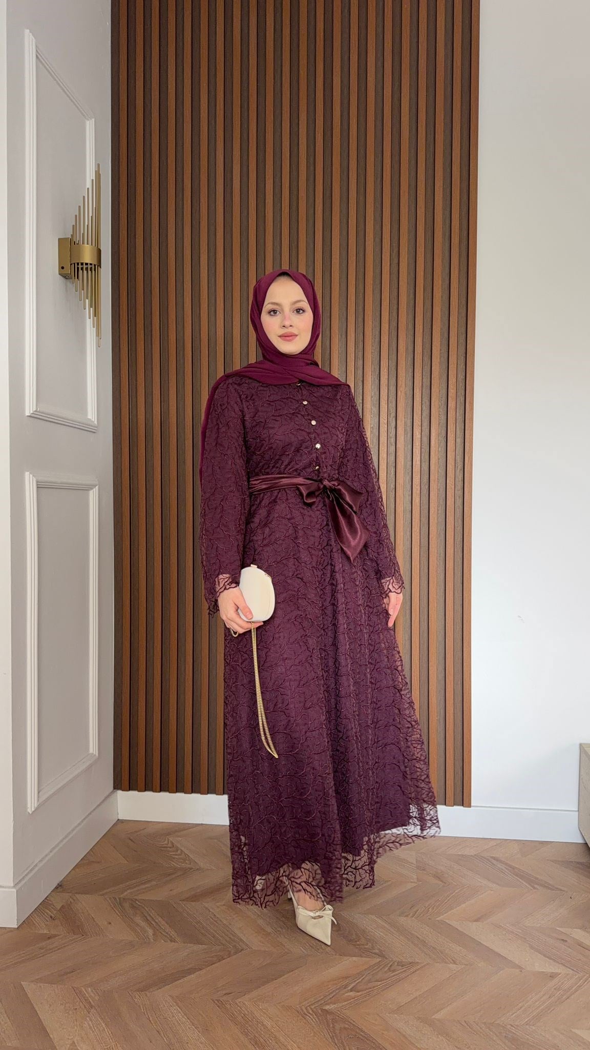 MEYSADESIGN ELBİSELER Gisha Dantelli Saten Kemerli Elbise Bordo
