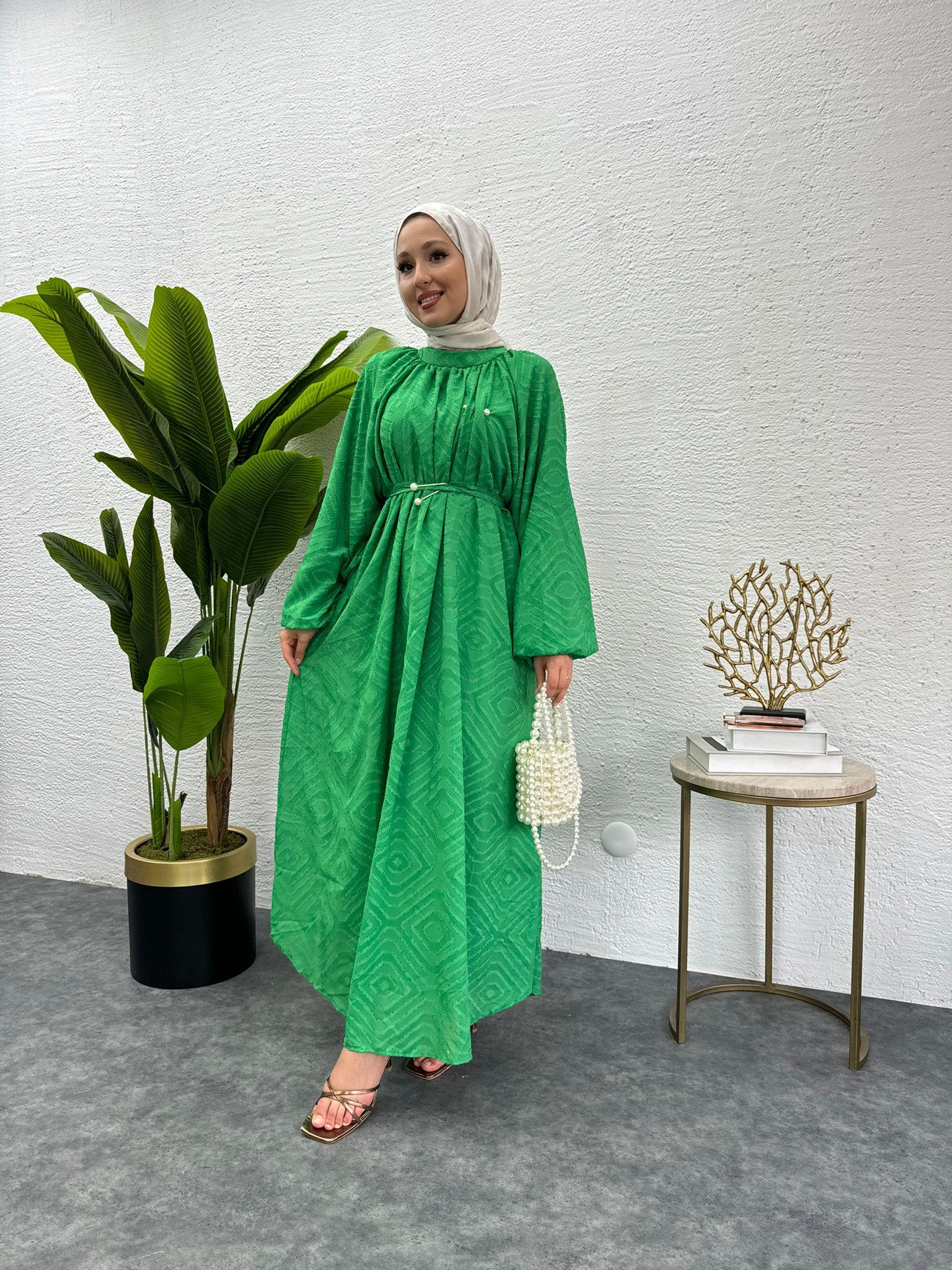 Pearl Belted Patterned Crepe Dress Green