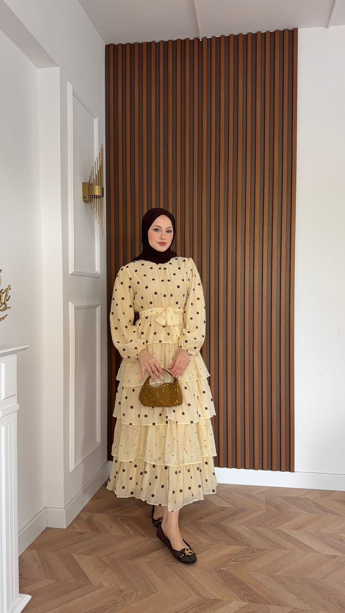 MEYSADESIGN ELBİSELER Kat Kat Puantiyeli Tensel Elbise Bej