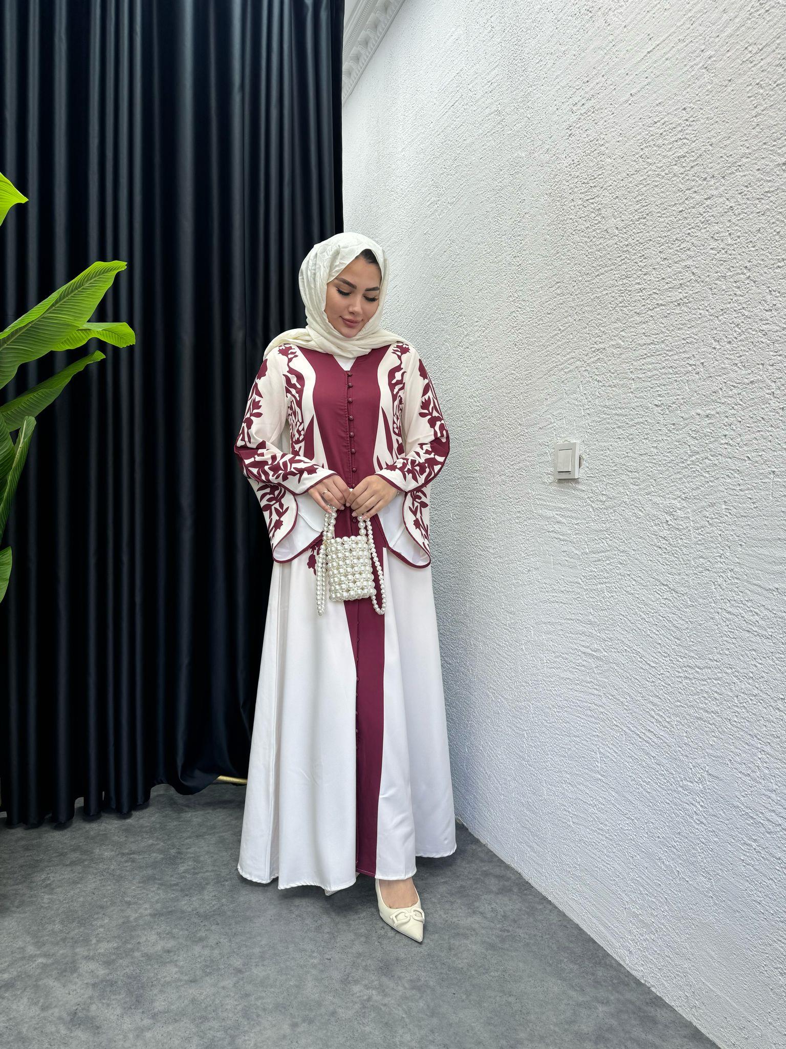 Sleeve Ucu Detail Motif Patterned Dress Burgundy