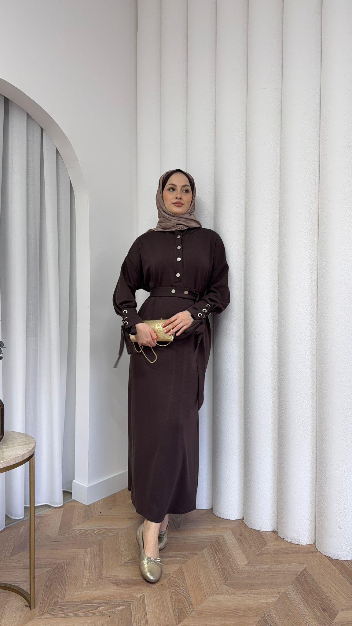 Button Detail Scuba Dress Brown