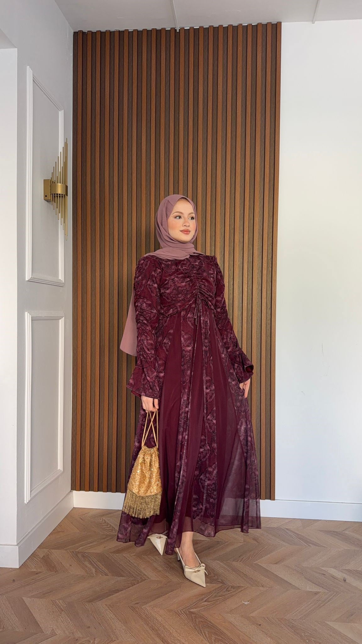 MEYSADESIGN ELBİSELER Lara Baskılı Desenli Şifon Elbise Bordo
