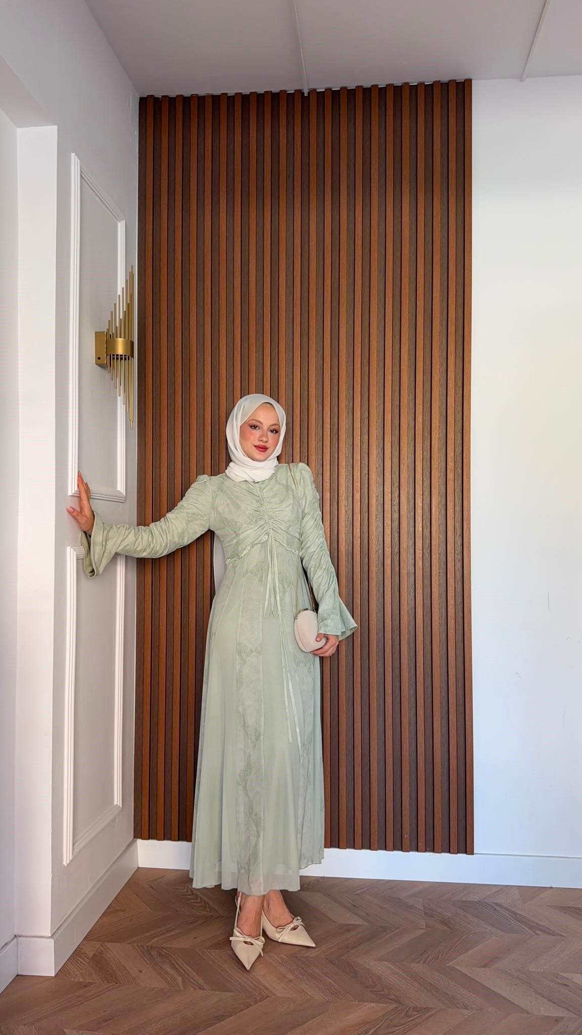 MEYSADESIGN ELBİSELER Lara Baskılı Desenli Şifon Elbise Su Yeşili