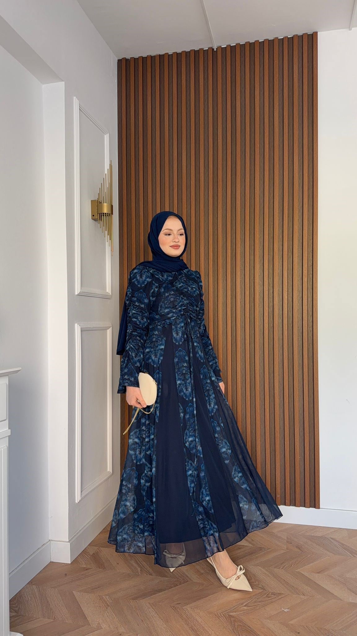 MEYSADESIGN ELBİSELER Lara Baskılı Desenli Şifon Elbise Lacivert