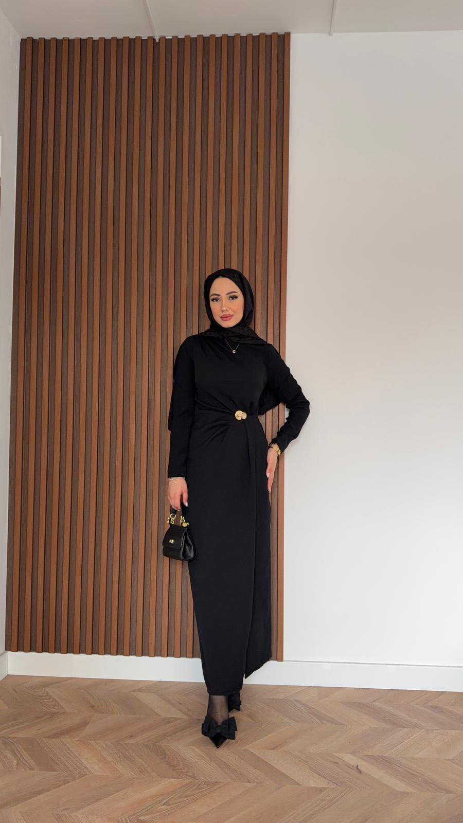 MEYSADESIGN DRESSES Laura Gold Detaylı Krep Elbise Siyah