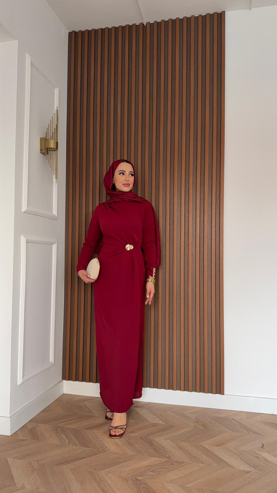 MEYSADESIGN ELBİSELER Laura Gold Detaylı Krep Elbise Bordo