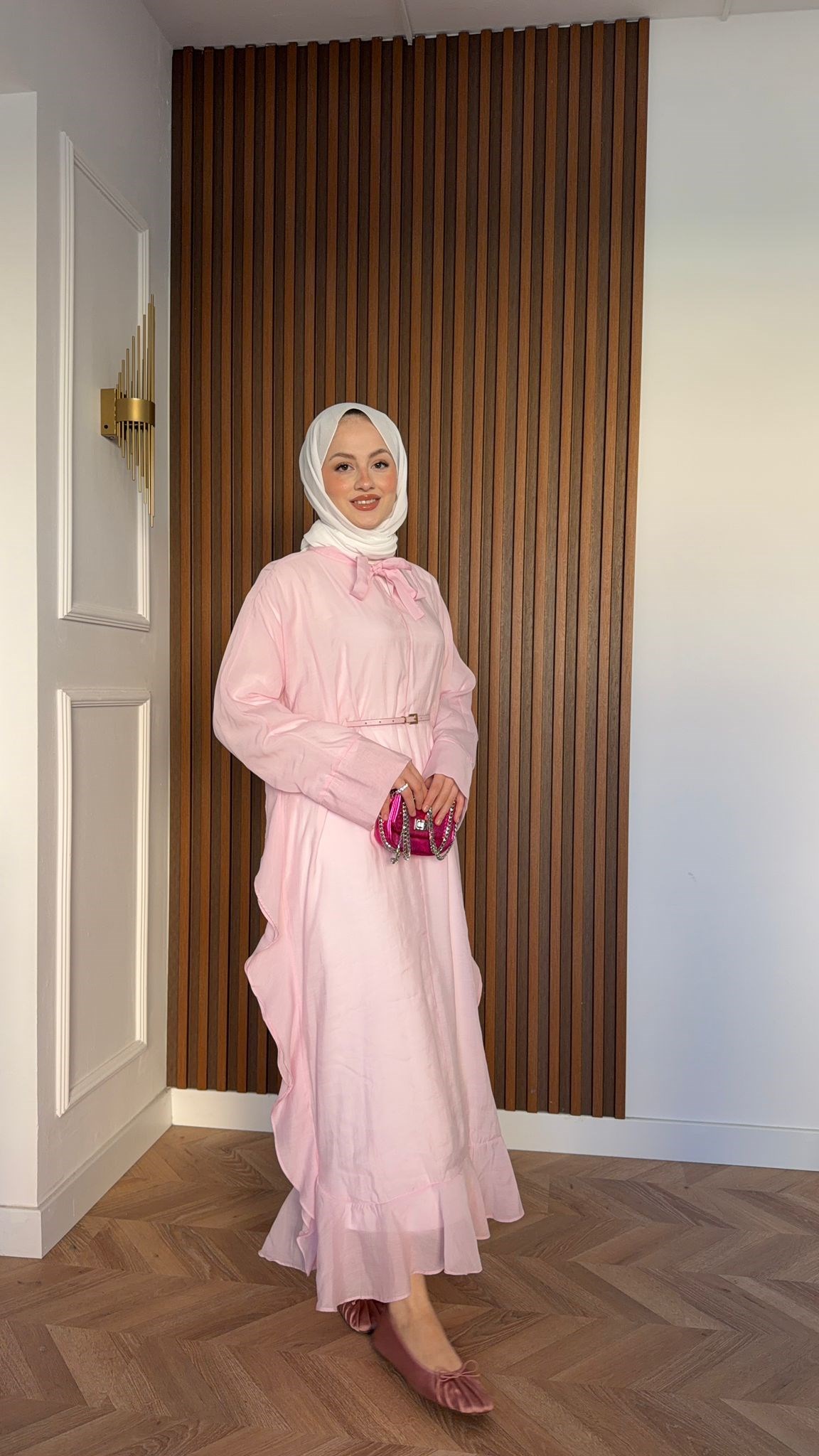 MEYSADESIGN ELBİSELER Mary Gizli Kemerli Tensel Vual Elbise Pembe