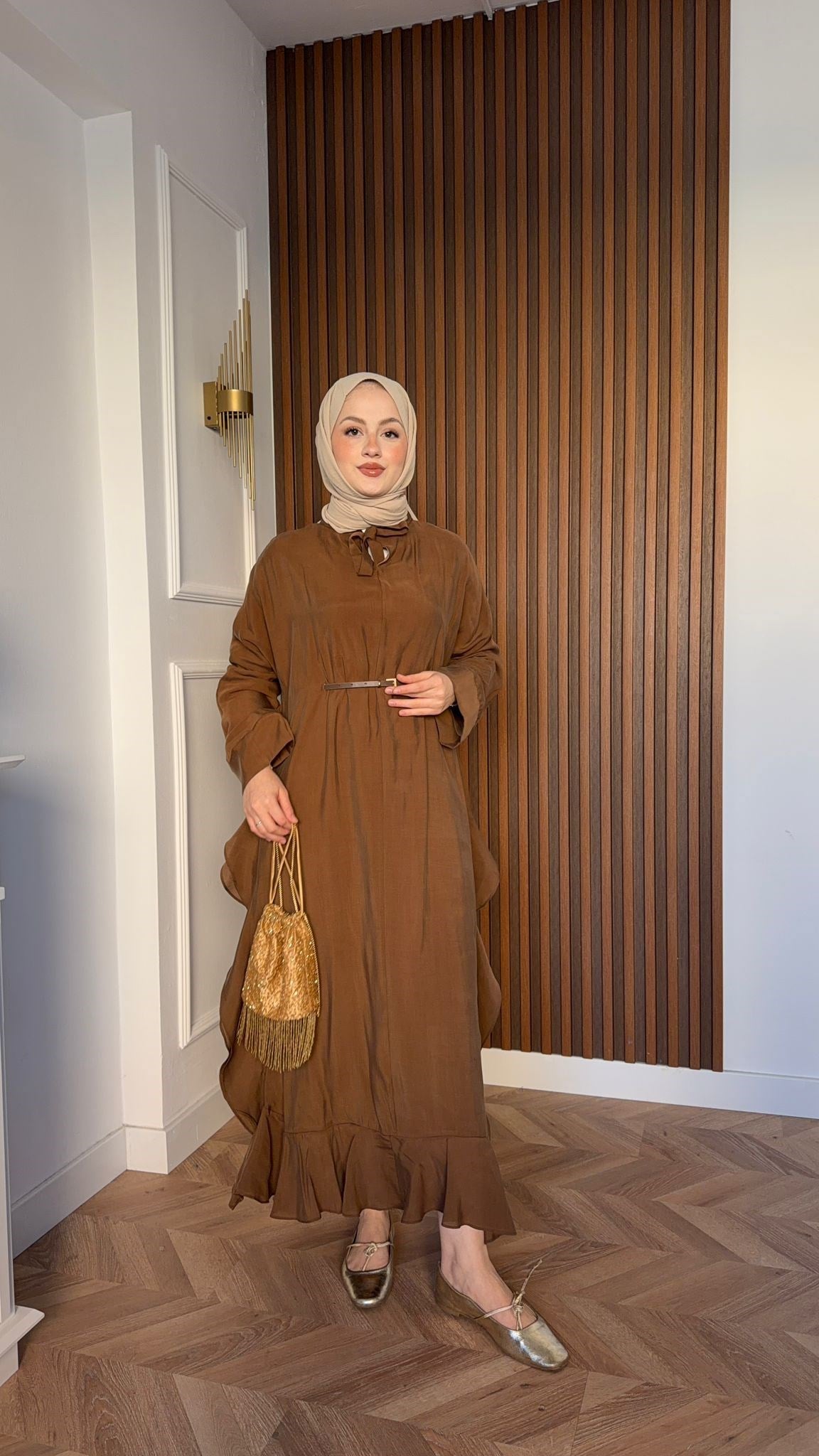 MEYSADESIGN DRESSES Mary Gizli Kemerli Tensel Vual Elbise Kahve