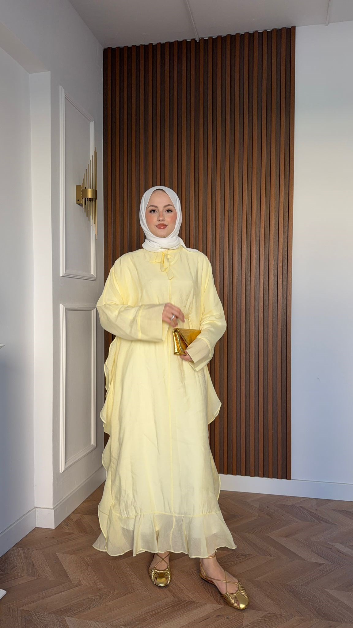 MEYSADESIGN ELBİSELER Mary Gizli Kemerli Tensel Vual Elbise Sarı